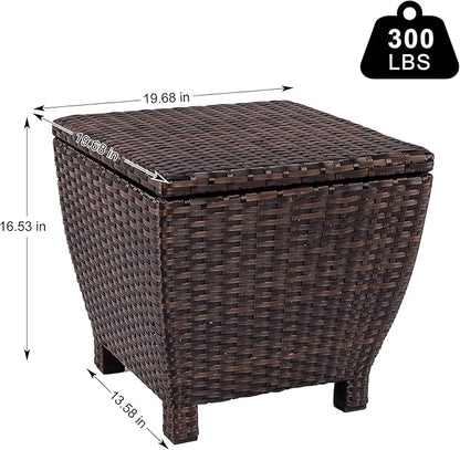 Sundale Outdoor Small Deck Storage Box with Lid, 13 Gallon Outdoor Bin Storage Container for Hose Cushion Towel, Patio Fully Assembled Brown Wicker Side Table with Storage - Rattan