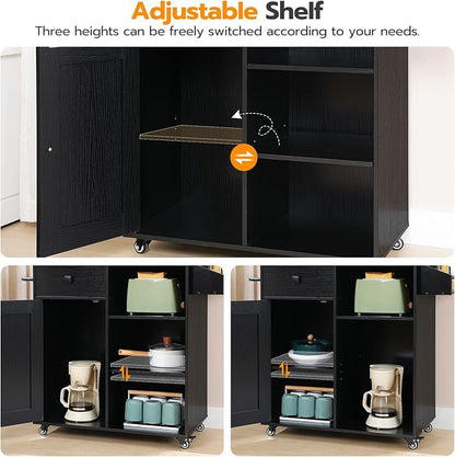 HOOBRO Kitchen Island, Storage Cabinet with Drawer, Kitchen Cart with Spice and Towel Rack, Saving Space, Easy Assembly, for Living Room, Rustic Brown and Black FB12ZD01