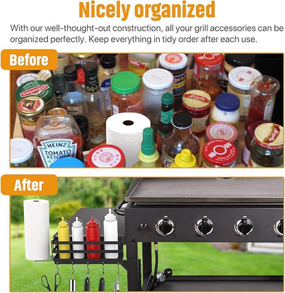 Improved Stainless Steel Griddle Caddy with Wobble-Free Paper Towel Holder for 28"/36" Blackstone Griddles, Space Saving BBQ Accessories Storage Box, Free from Drill Hole&Easy to Install
