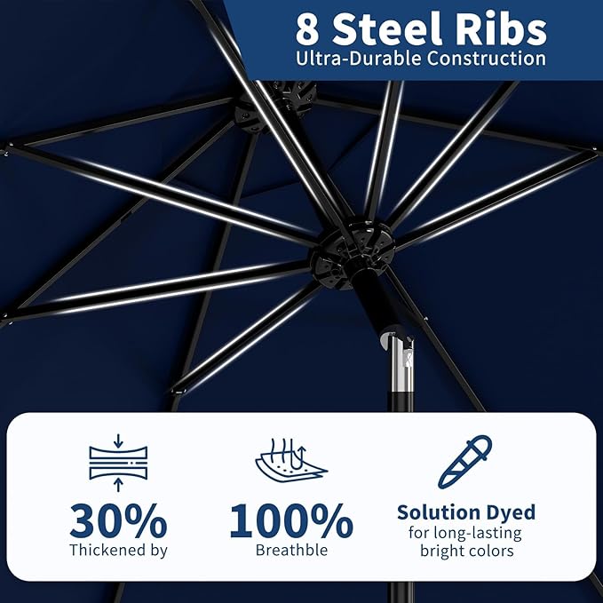 Garvee 9 ft Patio Umbrella - 8 Sturdy Ribs Outdoor Table Umbrella with Crank Lift & Push Button Tilt - Market Umbrella for Pool, Deck, Yard, Garden - Navy Blue