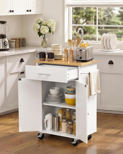 VEVOR Kitchen Island Cart with Storage, 24.84 in Wide Mobile Rolling Storage Island on Swivel Wheels, with Drawer, Storage Cabinet, Towel Rack, Hooks, Table for Home Dining Room, White