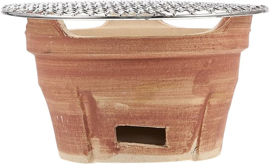 Mini Retro Ceramic Charcoal Barbecue Grill Set with Bbq Net, Portable Household Charcoal Stove for Outdoor Camping and Patio Cooking, Brown Pottery Hibachi Style Color