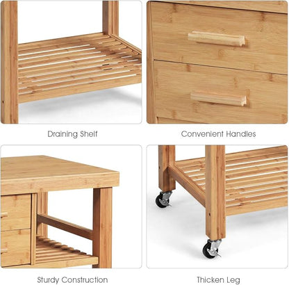 Giantex Kitchen Island, Bamboo Island Cart, Kitchen Trolley Cart on Wheels, Rolling Kitchen Cart, 2 Drawers, Towel Rack, Casters with Lock (Natural)