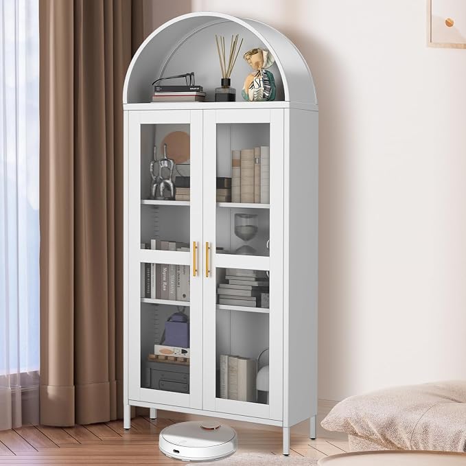 PioneerWorks 73" Arched Metal Storage Cabinet with Glass Door | 2 Adjustable Shelves | Arch-Top Storage Unit for Pantry, Living & Dining Rooms - White with Legs