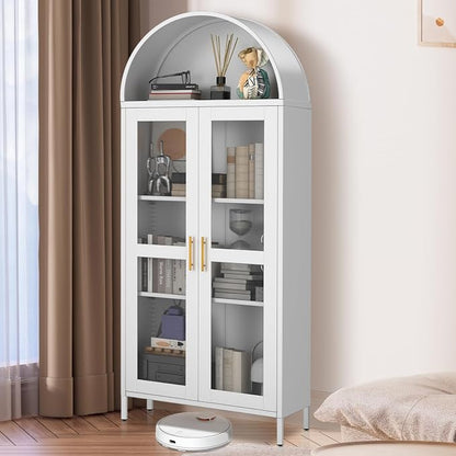 PioneerWorks 73" Arched Metal Storage Cabinet with Glass Door | 2 Adjustable Shelves | Arch-Top Storage Unit for Pantry, Living & Dining Rooms - White with Legs