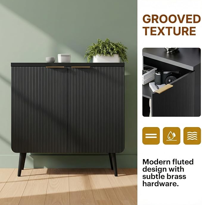 29.5" Modern Fluted Sideboard Cabinet with 2 Doors, Wood Storage Credenza with Shelves, Multi-Purpose Buffet Cabinet for Entryway, Dining & Living Room, Black