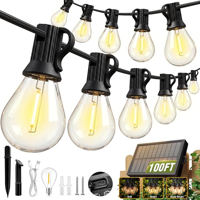 100FT Solar String Lights Outdoor, IP65 Waterproof Shatterproof Dimmable LED Bulbs, Solar & USB Powered, 20+ Hrs Long Lasting, Hanging Lights for Outside Patio, Backyard, Garden, Wedding, Party Decor