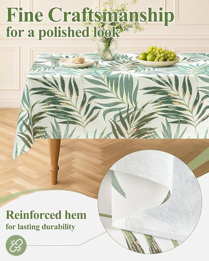 Seenus Summer Tropical Palm Leaf Tablecloth for Hawaiian Aloha Luau Party, Waterproof & Wipeable Eucalyptus Table Cloth with Flannel Backing for Outdoor BBQ & Patio Decor, Rectangle 60x84 Inch