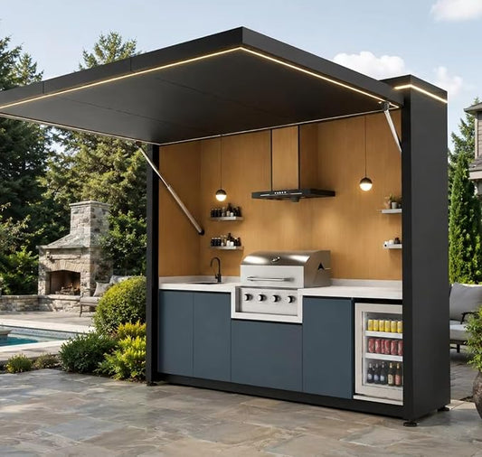 Outdoor Kitchen Island with Burner Gas Grill & Refrigerator, Modular BBQ Station with Rotisserie, Sink, Storage & Covered Roof – Premium Outdoor Kitchen Pod for Luxury Backyard, Villa, Resort