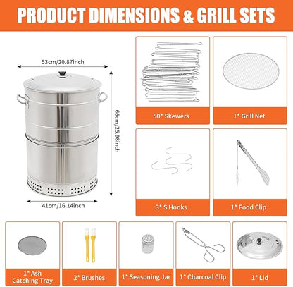 Barril Para Asar Carne, Large Portable Charcoal Grills with S Hook Grilled Fish Clip Shakers Stainless 360° Smokeless Outdoor Barbecue Grill for Outdoor Cooking and Barbecue