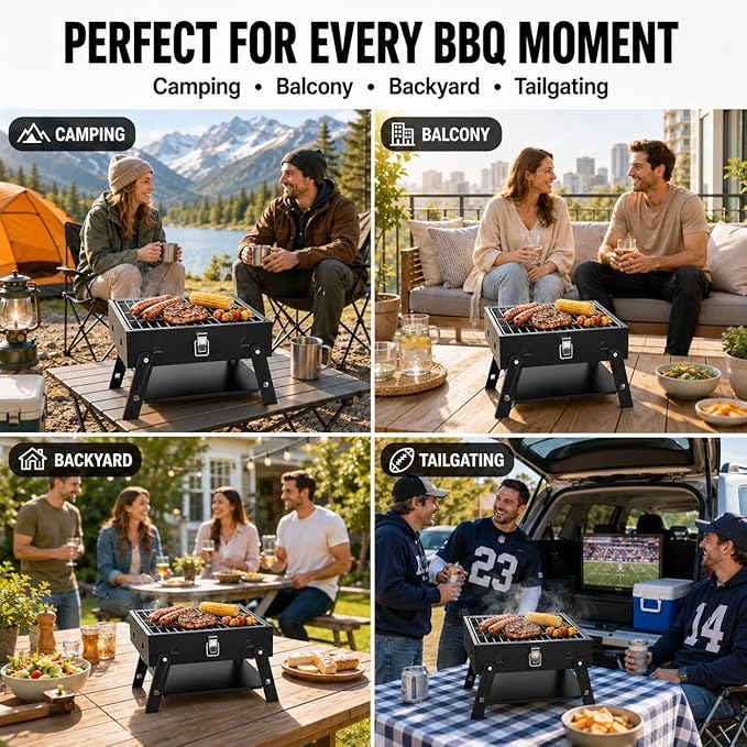 Small Portable BBQ Charcoal Grill: Mini Foldable Table Top Barbecue Grills for Outdoor Cooking, Camping, Beach, Travel, Tailgates, Fathers Day Birthday Grilling Gift for Men Dad Husband
