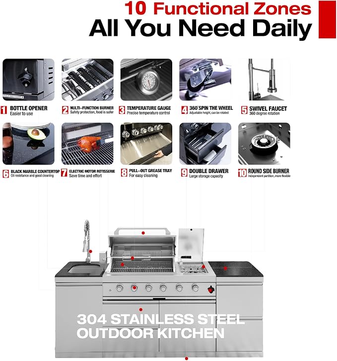 85-Inch 4-Burner 72000 BTU Stainless Steel Outdoor Kitchen Island Propane Gas Grill with Rotisserie Kit Granite Countertops Sink for Backyard Entertaining, Silver