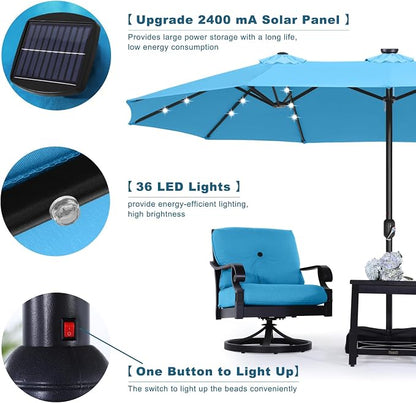 ABCCANOPY 15FT Solar LED Double-Sided Umbrella with Base, Turquoise | Rectangular Outdoor Table Umbrella with Crank, Heavy Duty Market Umbrella Shade for Garden,Poolside, Lawn, Backyard