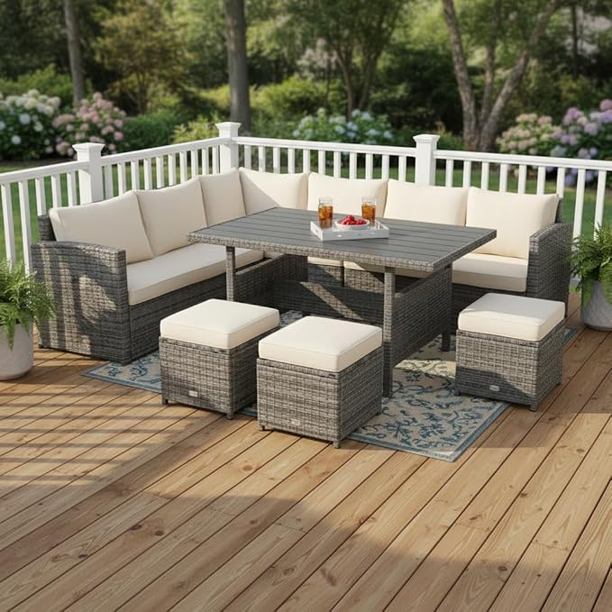 Tangkula 7 Pieces Patio Furniture Set, Outdoor Sectional Rattan Dining Sofa Set with Cushions, All Weather Wicker Conversation Couch Set with Dining Table & Ottomans for Yard Garden Poolside, White
