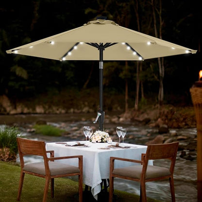 MASTERCANOPY 7.5FT 6Ribs Patio Umbrella with 32 Solar LED Lights, Outdoor Market Umbrella with Tilt & Crank, UV Protection & Fade Resistant Fabric, Easy Set-Up for Garden, Deck, Pool (Khaki)