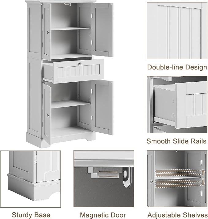 ChooChoo 51" H Bathroom Floor Cabinet with Drawers and Adjustable Shelves | Bathroom Storage Cabinet, Freestanding Kitchen Pantry Cupboard with 4 Doors for Living Room, White