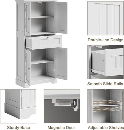 ChooChoo 51" H Bathroom Floor Cabinet with Drawers and Adjustable Shelves | Bathroom Storage Cabinet, Freestanding Kitchen Pantry Cupboard with 4 Doors for Living Room, White