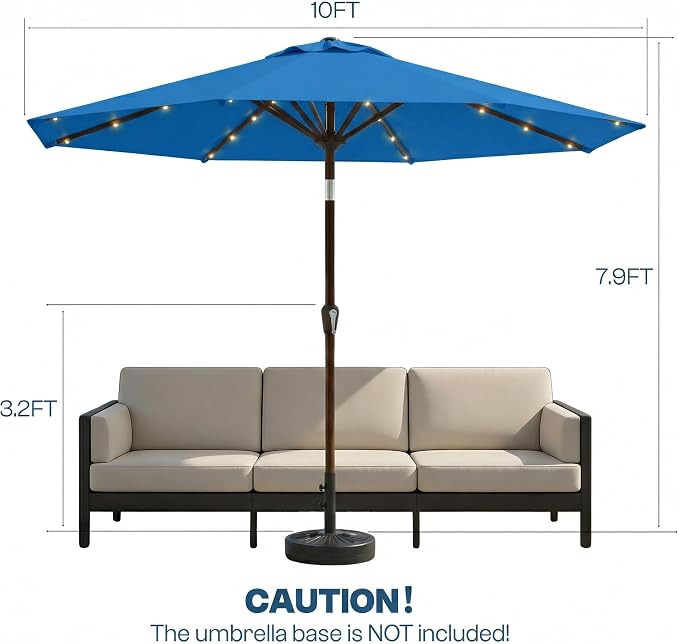 10FT Solar Patio Umbrella with Lights, Outdoor Table Market Umbrella with 32 LED Lights, 8 Sturdy Ribs, Push Button Tilt and Crank for Pool, Deck and Garden, UV-Resistant