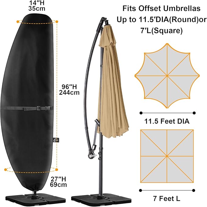 Patio Umbrella Cover for 7'-11.5' Offset Umbrella, Upgraded 600D Heavy Duty Outdoor Umbrella Covers with Support Pole and Zipper