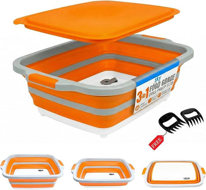 Collapsible BBQ Prep Tub with Lid - XL 4.22 GAL Folding Cutting Board & Food Basin for Outdoor Cooking, Marinating Container, Space Saving Prep Station