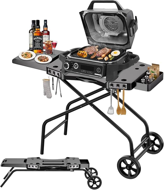 GRISUN Foldable Grill Table Stand for Ninja Woodfire Outdoor Grill（OG700/701/751), Portable Camping Table for Blackstone 22", Portable BBQ Stand with 2 Wheels, Side Table & Storage Basket