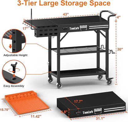 TomCare Grill Table with 3-Tier Storage Shelves Lockable Wheels Grill Cart with Silicone Grill Mat Heavy Duty Outdoor Tabletop Griddle Stand Holds 500Lbs Fits 22” Blackstone Ninja Cuisinart BBQ Grill