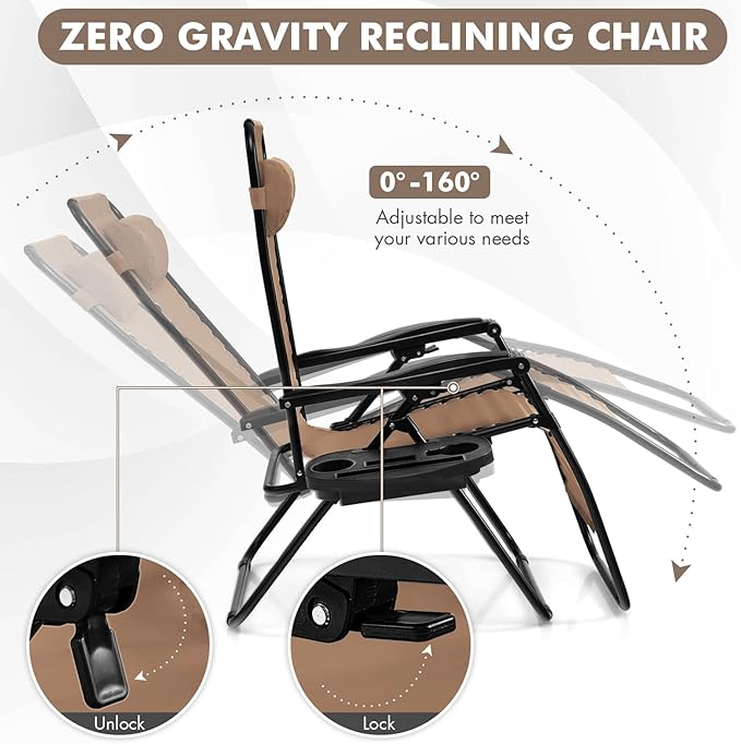 Giantex 2 PCS Zero Gravity Chair Patio Chaise Lounge Chairs Outdoor Yard Pool Recliner Folding Lounge Chair with Cup Holder (Beige)