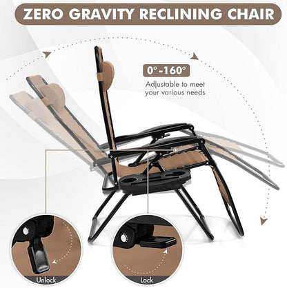 Giantex 2 PCS Zero Gravity Chair Patio Chaise Lounge Chairs Outdoor Yard Pool Recliner Folding Lounge Chair with Cup Holder (Beige)