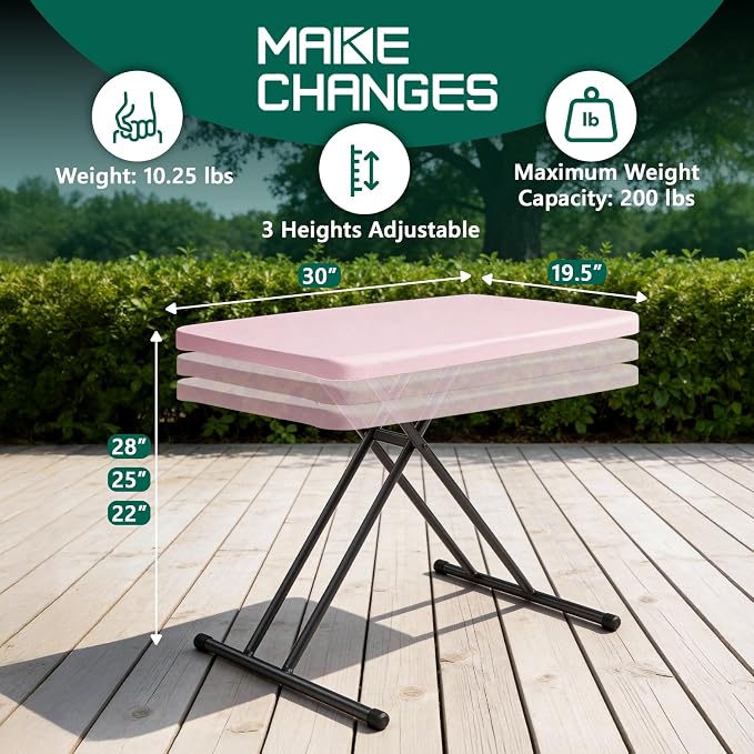 30in Folding Table, Portable Picnic Table with Adjustable Height, Foldable TV Tray Table & Laptop Desk for Small Spaces, Patio, Camping, BBQ, No Assembly Needed, Pink