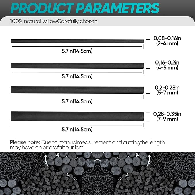 25 Pcs Willow Charcoal Sticks, Willow Charcoal,Sizes: 2-4mm,Professional Soft Black Drawing Charcoal for Sketching & Art