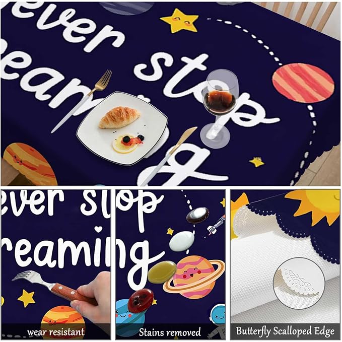 Swono Rectangle Tablecloth Outer Space Table Cover 52x70 Inch Never Stop Dreaming Quote Cute Planet Stars Sun Table Cloth for Rectangle Tables Decorative Tablecloth for Dining Party Camping BBQ