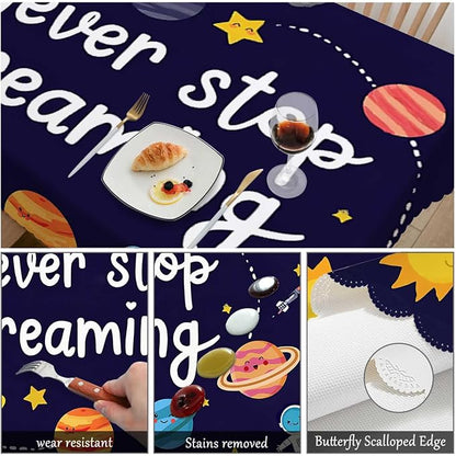 Swono Rectangle Tablecloth Outer Space Table Cover 52x70 Inch Never Stop Dreaming Quote Cute Planet Stars Sun Table Cloth for Rectangle Tables Decorative Tablecloth for Dining Party Camping BBQ