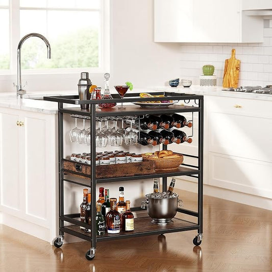 Leteuke Bar Cart for Home, 3 Tier Rolling Serving Carts with Wheels | Drink Cart, Liquor Stand with Removable Tray, Wine Rack and Glass Holder for Kitchen, Outdoor, Dining Room-Black Brown