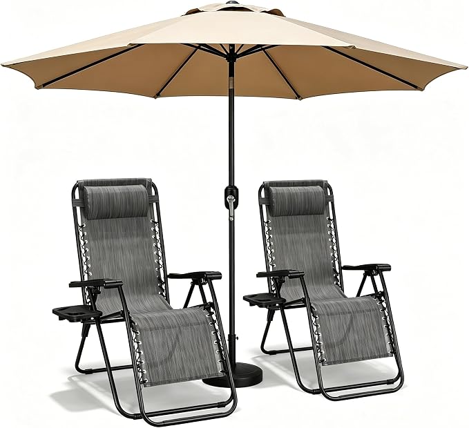 Zero Gravity Chairs Set of 2 with 9FT Patio Umbrella, Adjustable Folding Outdoor Recliner with Pillow & Cup Holder, Waterproof UV Protection Market Umbrella for Pool, Beach, Patio, Camping