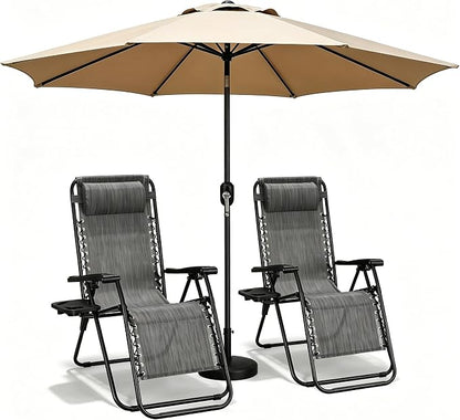 Zero Gravity Chairs Set of 2 with 9FT Patio Umbrella, Adjustable Folding Outdoor Recliner with Pillow & Cup Holder, Waterproof UV Protection Market Umbrella for Pool, Beach, Patio, Camping