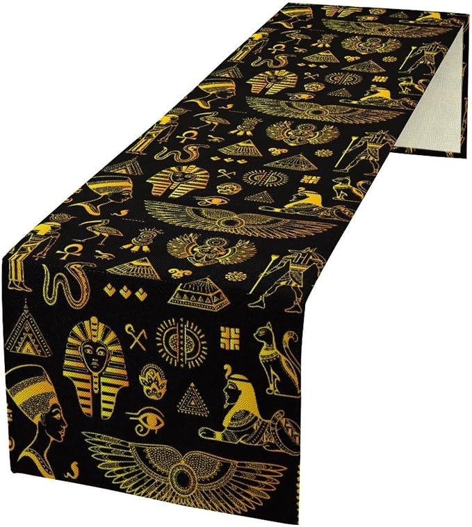 Ancient Egypt Table Runner Vintage Egyptian Culture Symbol Gold Black Dinner Runner Mysterious Egypt Tribal Ethnic Farmhouse Coffee Kitchen Dining Table Holiday Party Home Decor 13x60in
