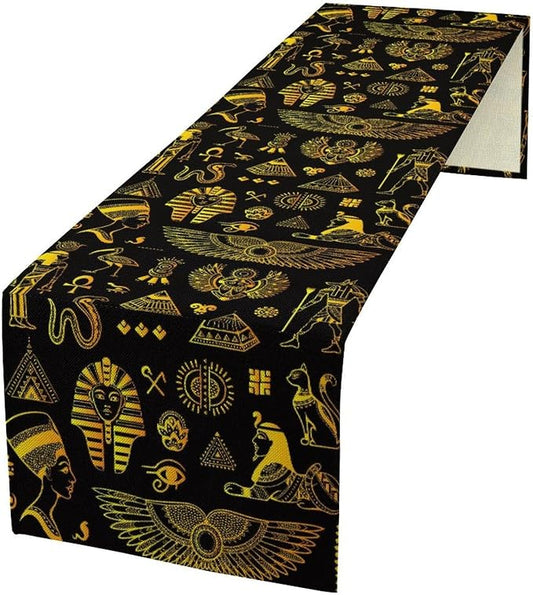 Ancient Egypt Table Runner Vintage Egyptian Culture Symbol Gold Black Dinner Runner Mysterious Egypt Tribal Ethnic Farmhouse Coffee Kitchen Dining Table Holiday Party Home Decor 13x60in