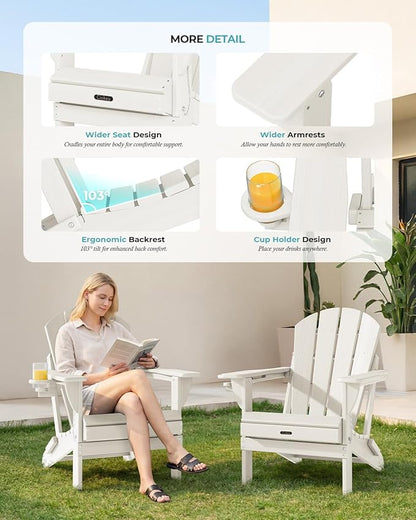 Ciokea Folding Adirondack Chair 6 Pack, Patio Adirondack Chair Weather Resistant, Plastic Fire Pit Chair with Cup Holder, Lawn Chair for Outdoor Porch Garden Backyard Deck (White)