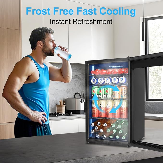 FoMup Beverage Refrigerator 126 Can, Mini Beverage Fridge Small Beverage Cooler with Glass Door Safety Lock, Drink Fridge for Beer Soda Wine, Perfect for Dorm Office Hotel