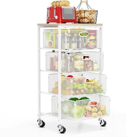 Goovilla Kitchen Cart with Drawers, Lockable Wheels with Wooden Top, White | 4 Tier Metal Rolling Utility Cart Organizer, Fruit Vegetable Storage Rack Also for Cans, Snack, Craft, Art, Office, Beauty