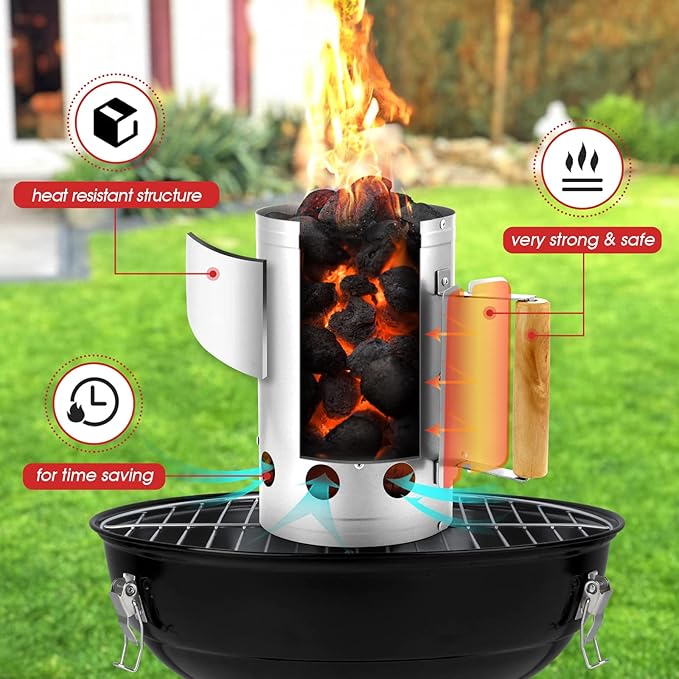 HaSteeL Charcoal Chimney, 10.6x6.7 Inch Heavy Duty BBQ Chimney Starter for Outdoor Grilling Barbecue Camping, Quick Rapid Fir Briquette Coal, Heat Resistant Wooden Handle & Screwdriver