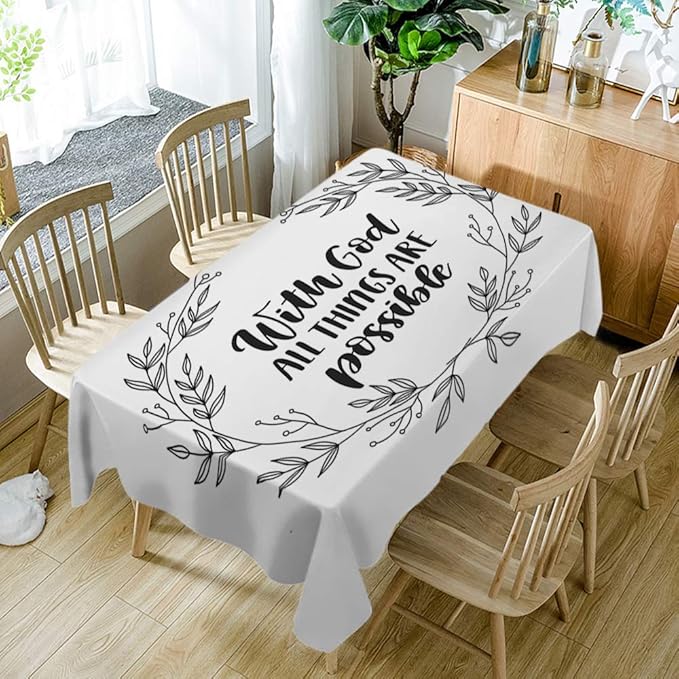 Moslion with God All Things are Possible Handwritten Letter Quote Bible Verse Floral Rectangle Tablecloth Picnic Tablecloth BBQ Table Cloths Polyester for Kitchen 60x84 Inch
