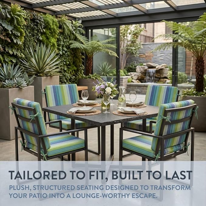 California Umbrella Outdoor Dining Chair, Set of 4 Patio Seat Cushions, 20 x 40 Inch, Premium Outdoor Memory Foam, Fade Resistant, Sunbrella Fabric, Fabric Ties, Seville Seaside