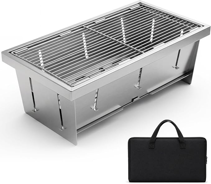 Portable Stainless Steel Charcoal Grill, Foldable Tabletop BBQ Grill for Camping, Backpacking, Hiking, Picnic - Ultra Compact & Lightweight