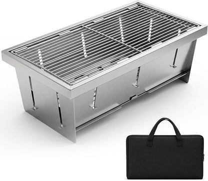 Portable Stainless Steel Charcoal Grill, Foldable Tabletop BBQ Grill for Camping, Backpacking, Hiking, Picnic - Ultra Compact & Lightweight
