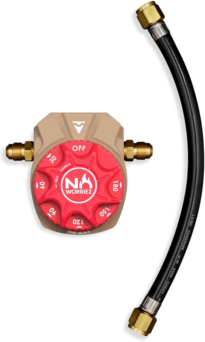 NO WORRIEZ 3 Hour Bypass Safety Auto Shut-Off Gas Timer for Propane & Natural Gas | Outdoor Grill, Fire Pit, Pizza Oven | – 100,000 BTU w/ 3/8" Flared Male Connector & Female Hose, Patent Pending
