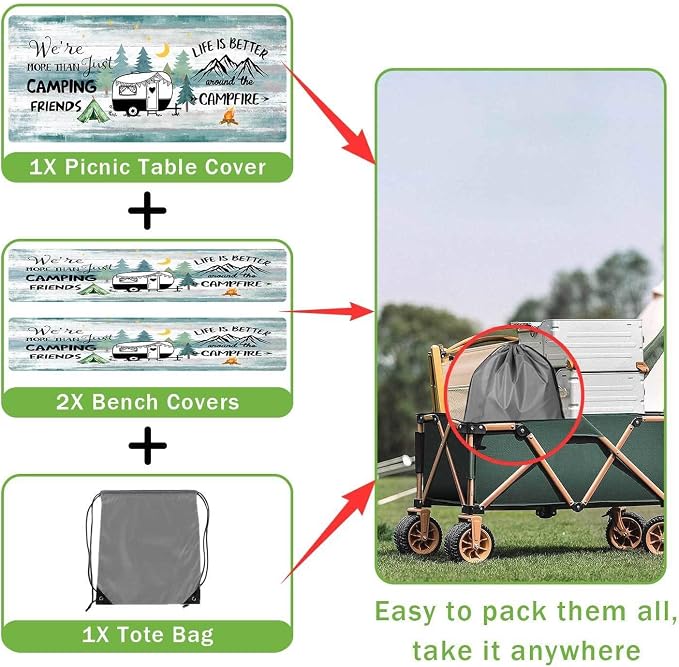 Happy Camper Picnic Table Cover with Bench Covers Elastic Edges, Wooden Camper Fitted Table Cover, Outdoor Patio Camping Essentials 60 Inch 3PCS, Waterproof Camping Tablecloth with Drawstring Bag