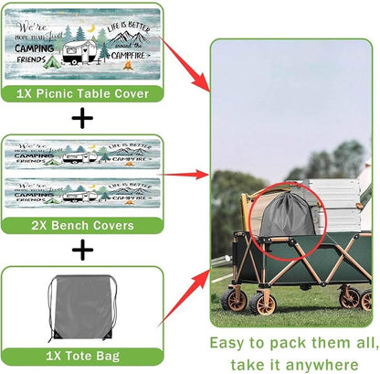 Happy Camper Picnic Table Cover with Bench Covers Elastic Edges, Wooden Camper Fitted Table Cover, Outdoor Patio Camping Essentials 60 Inch 3PCS, Waterproof Camping Tablecloth with Drawstring Bag