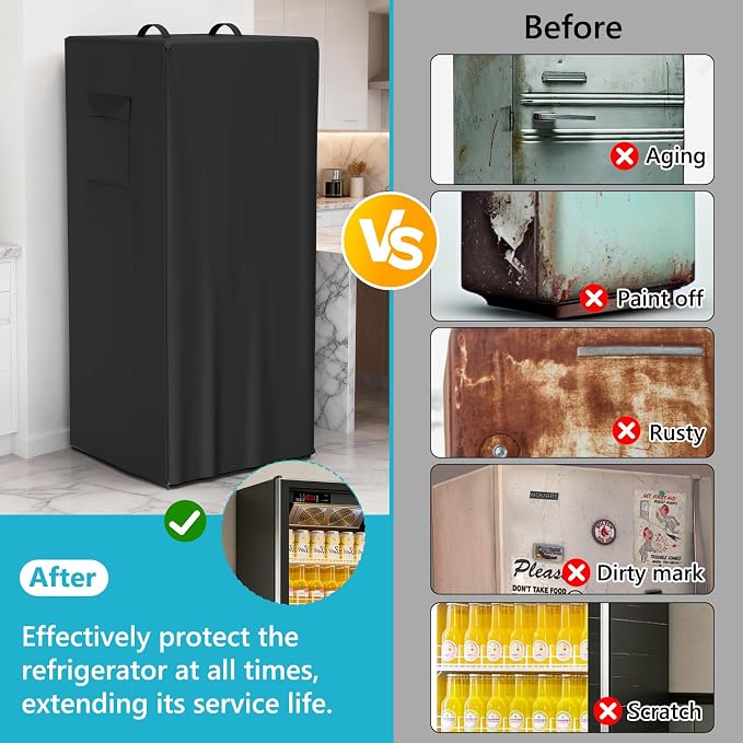 Refrigerator Cover Waterproof Dustproof Fridge Cover Outdoor Refrigerator Covers with Double Zipper and Large Mesh Vent Suitable for Upright Freezers/Beverage Refrigerators 23"D x 23"W x 56"H