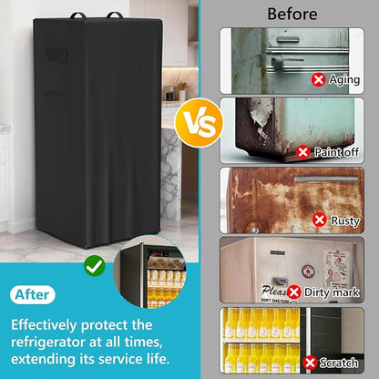 Refrigerator Cover Waterproof Dustproof Fridge Cover Outdoor Refrigerator Covers with Double Zipper and Large Mesh Vent Suitable for Upright Freezers/Beverage Refrigerators 23"D x 23"W x 56"H